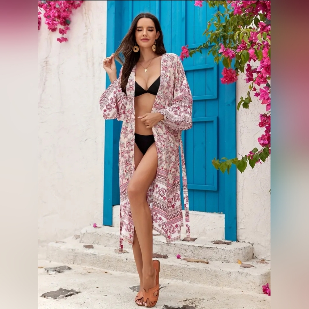 New! Marbella Boho Floral Viscose Pink Kimono Cover Up